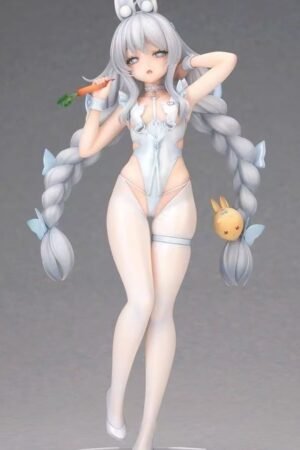 A cute and somewhat malicious girl is making a 23CM tall model of a two - dimensional rabbit in the sky, like a privileged white rabbit, holding the model in her hand.