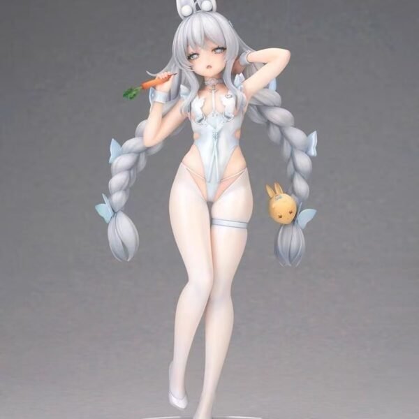 A cute and somewhat malicious girl is making a 23CM tall model of a two - dimensional rabbit in the sky, like a privileged white rabbit, holding the model in her hand.